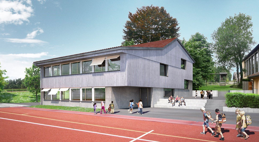 Wettbewerb Schulanlage Hörhausen - Die Pausenzonen des Kindergartens und der Primarschule werden durch zwei neu gesetzte Treppenanlagen miteinander verbunden.